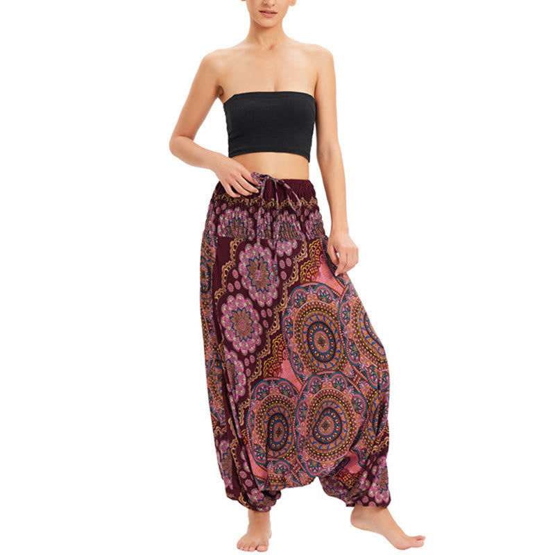 Buddha Stones Two Style Wear Mandala Flower Pattern Loose Smocked Harem Trousers Jumpsuit High Waist Pants - Burgundy - US2-12,UK/AU6-16,EU34-44 (F) - image 13