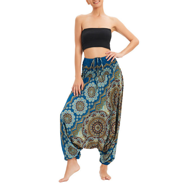 Buddha Stones Two Style Wear Mandala Flower Pattern Loose Smocked Harem Trousers Jumpsuit High Waist Pants - Sky Blue - US2-12,UK/AU6-16,EU34-44 (F) - image 27