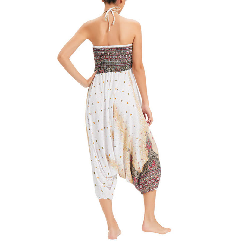 Buddha Stones Two Style Wear Peacock Feather Loose Smocked Harem Trousers Jumpsuit High Waist Pants - image 6