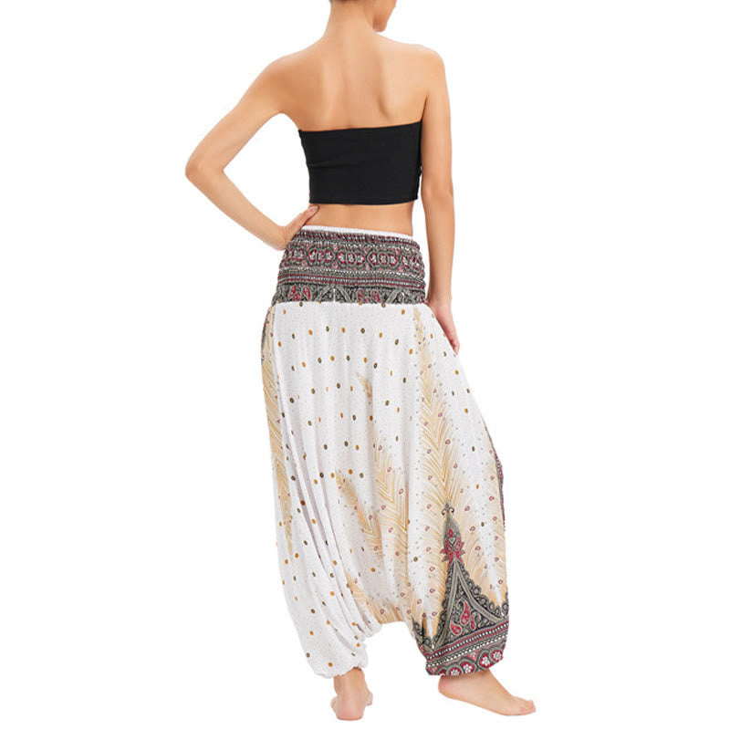 Buddha Stones Two Style Wear Peacock Feather Loose Smocked Harem Trousers Jumpsuit High Waist Pants - image 3