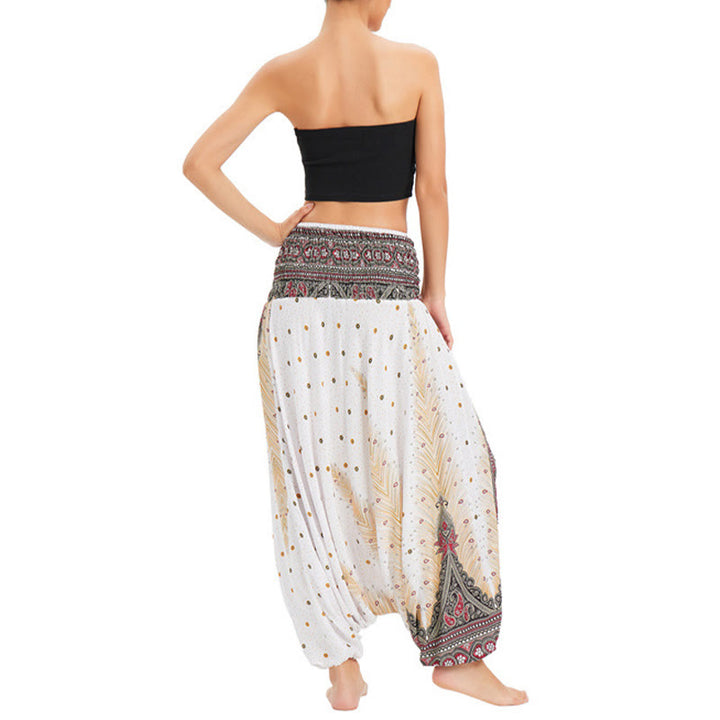 Buddha Stones Two Style Wear Peacock Feather Loose Smocked Harem Trousers Jumpsuit High Waist Pants - image 3