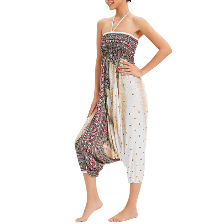 Buddha Stones Two Style Wear Peacock Feather Loose Smocked Harem Trousers Jumpsuit High Waist Pants - image 5