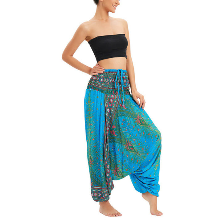 Buddha Stones Two Style Wear Peacock Feather Loose Smocked Harem Trousers Jumpsuit High Waist Pants - Light Blue-US2-12,UK/AU6-16,EU34-44 (F) - image 7