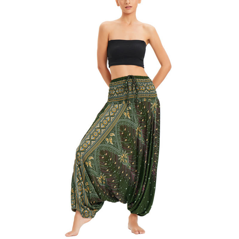 Buddha Stones Two Style Wear Peacock Feather Loose Smocked Harem Trousers Jumpsuit High Waist Pants - Dark Green-US2-12,UK/AU6-16,EU34-44 (F) - image 13