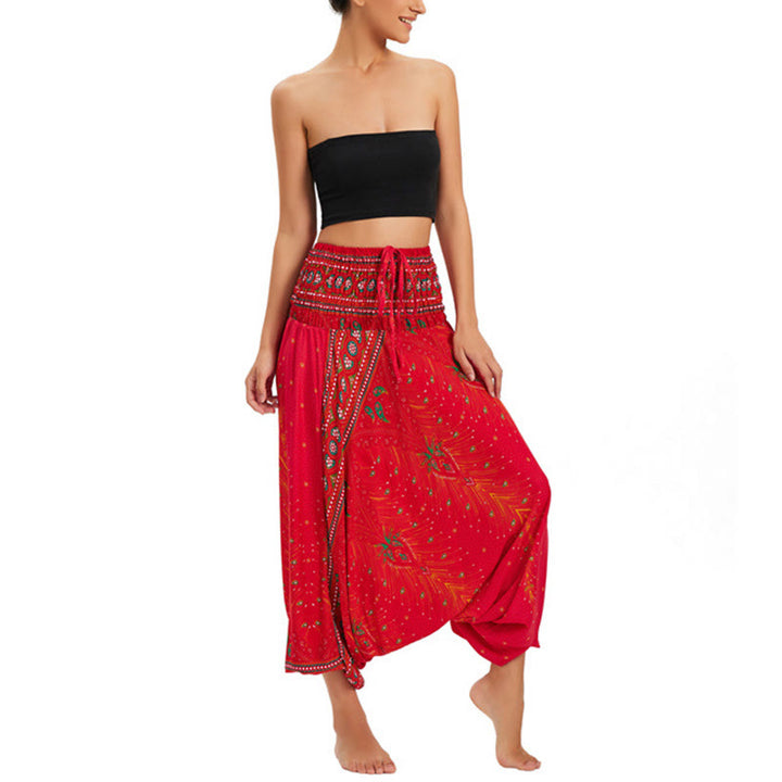 Buddha Stones Two Style Wear Peacock Feather Loose Smocked Harem Trousers Jumpsuit High Waist Pants - Red-US2-12,UK/AU6-16,EU34-44 (F) - image 19