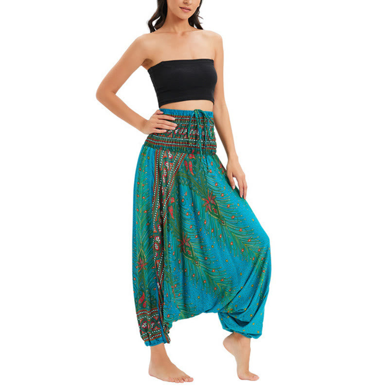 Buddha Stones Two Style Wear Peacock Feather Loose Smocked Harem Trousers Jumpsuit High Waist Pants - Blue-US2-12,UK/AU6-16,EU34-44 (F) - image 25