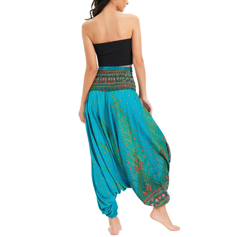 Buddha Stones Two Style Wear Peacock Feather Loose Smocked Harem Trousers Jumpsuit High Waist Pants - image 28