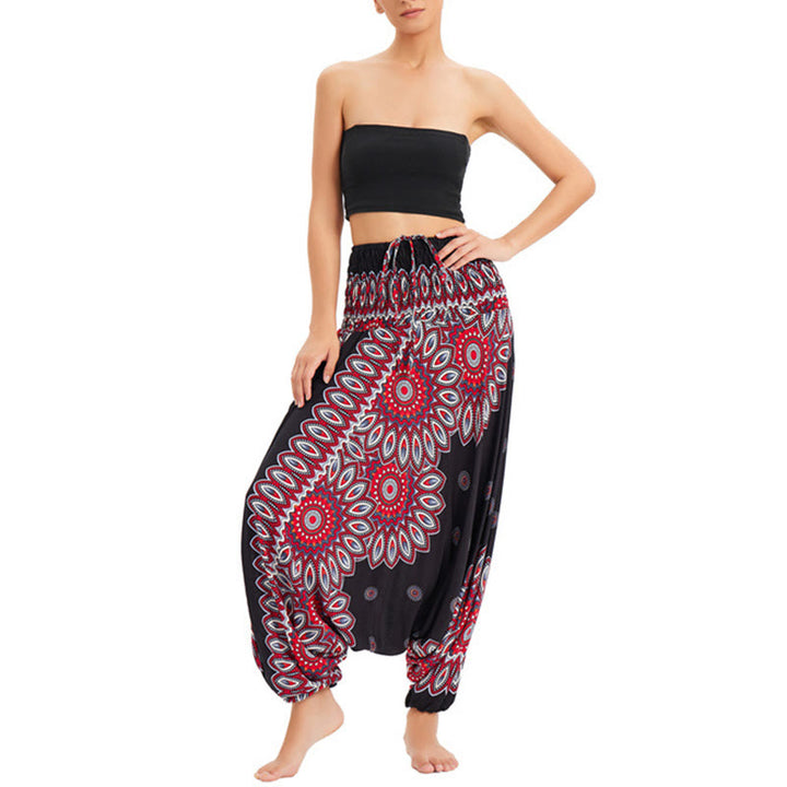 Buddha Stones Two Style Wear Sunflower Loose Smocked Harem Trousers Jumpsuit High Waist Pants - image 1