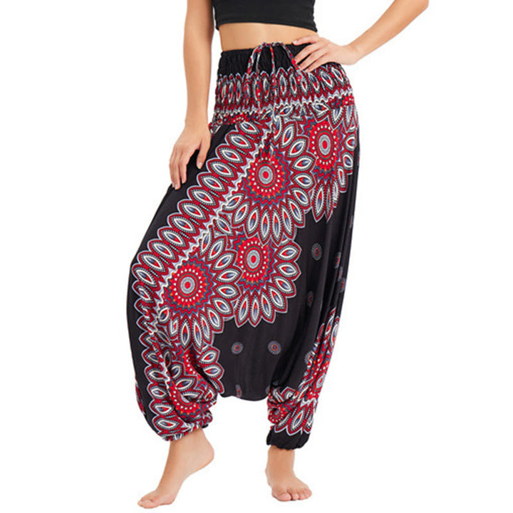 Buddha Stones Two Style Wear Sunflower Loose Smocked Harem Trousers Jumpsuit High Waist Pants - Black(Waist 60-100cm/Length 105cm) - image 0