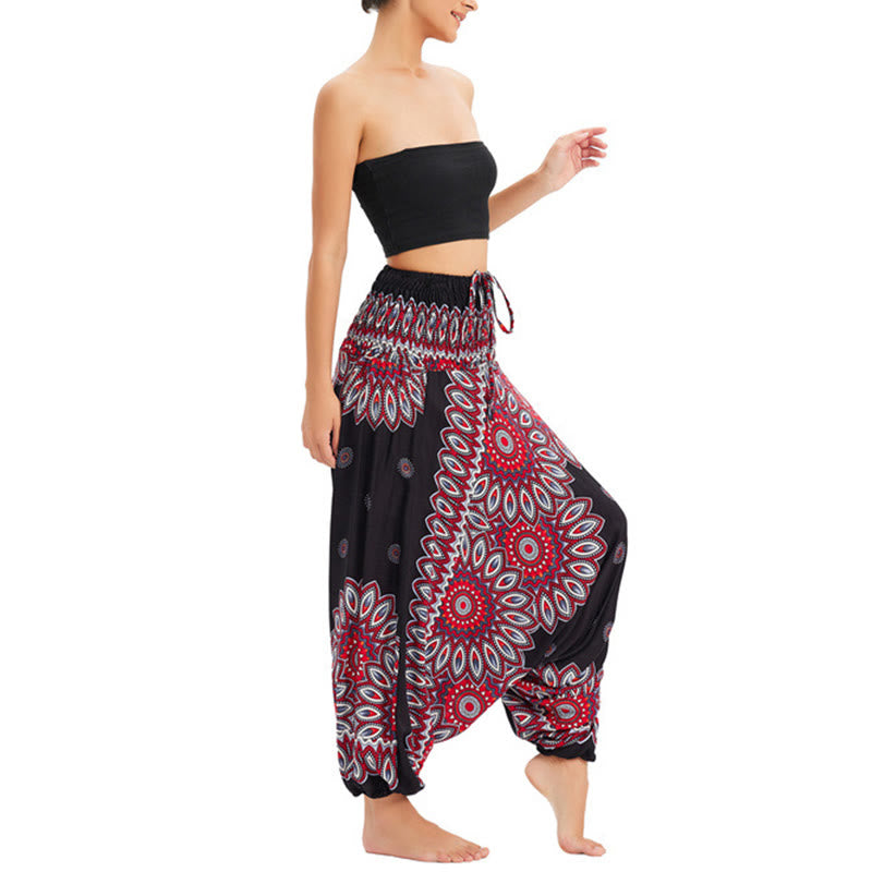 Buddha Stones Two Style Wear Sunflower Loose Smocked Harem Trousers Jumpsuit High Waist Pants - image 2