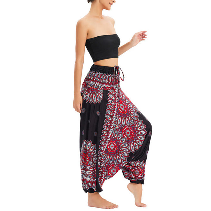 Buddha Stones Two Style Wear Sunflower Loose Smocked Harem Trousers Jumpsuit High Waist Pants - image 2
