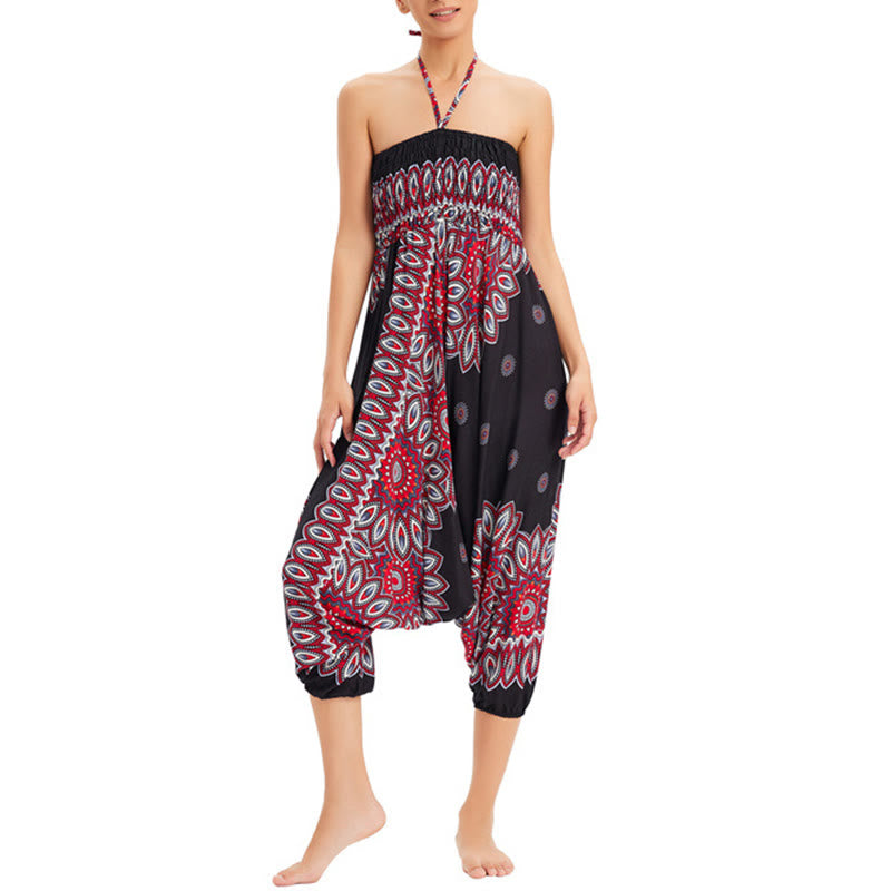 Buddha Stones Two Style Wear Sunflower Loose Smocked Harem Trousers Jumpsuit High Waist Pants - image 4