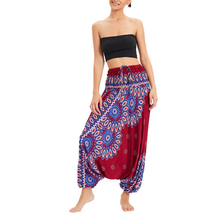 Buddha Stones Two Style Wear Sunflower Loose Smocked Harem Trousers Jumpsuit High Waist Pants - Red(Waist 60-100cm/Length 105cm) - image 7