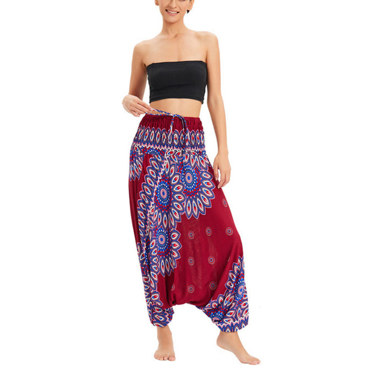 Buddha Stones Two Style Wear Sunflower Loose Smocked Harem Trousers Jumpsuit High Waist Pants - image 8