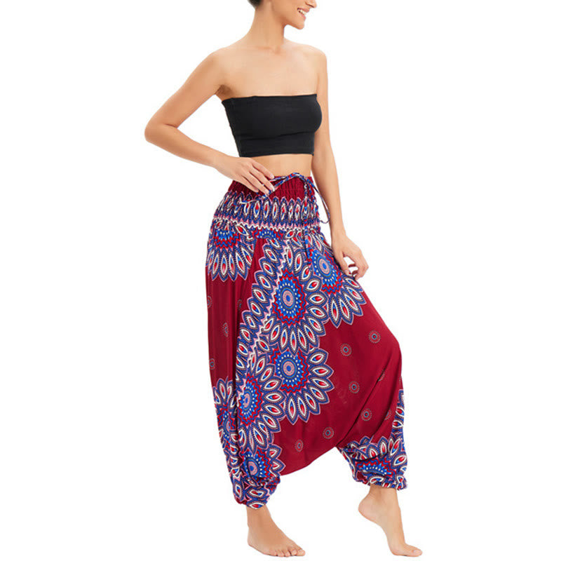 Buddha Stones Two Style Wear Sunflower Loose Smocked Harem Trousers Jumpsuit High Waist Pants - image 9