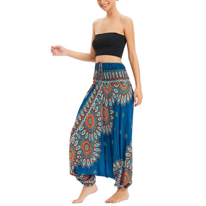 Buddha Stones Two Style Wear Sunflower Loose Smocked Harem Trousers Jumpsuit High Waist Pants - image 15