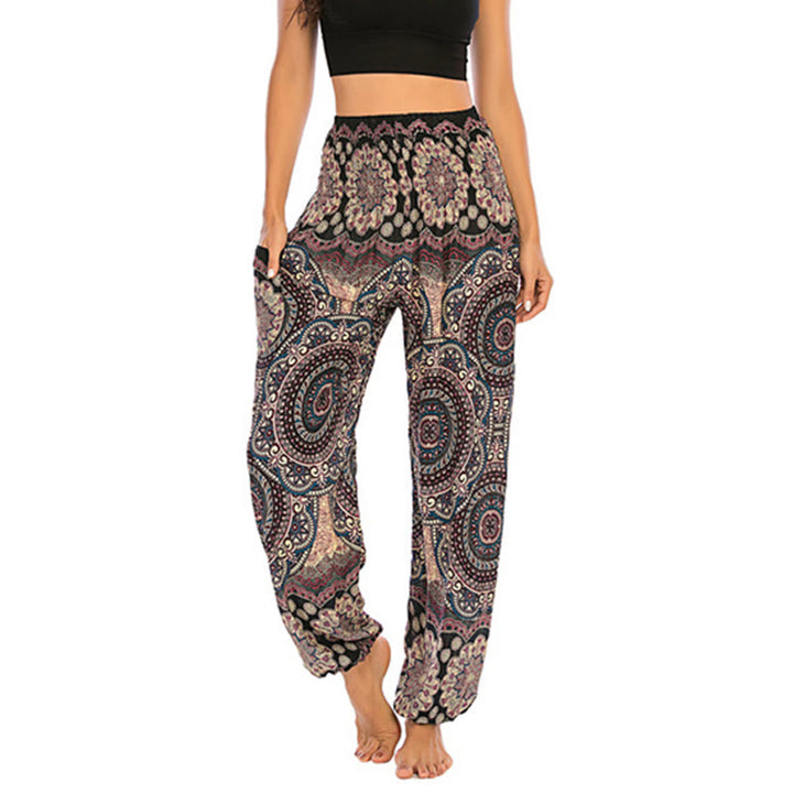 Buddha Stones Boho Loose Round Geometric Pattern Harem Trousers Women's Yoga Pants - Black Beige-US2-8/10,UK/AU6-12/14,EU34-40/42 (F) - image 0