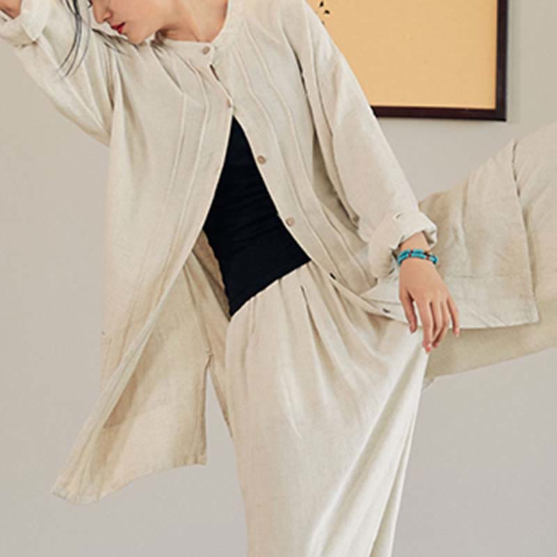 Buddha Stones Plain Long Sleeve Coat Jacket Top Wide Leg Pants Zen Tai Chi Yoga Meditation Clothing - Beige - Coat Only - US4-12,UK/AU8-16,EU36-44 (F) - image 1