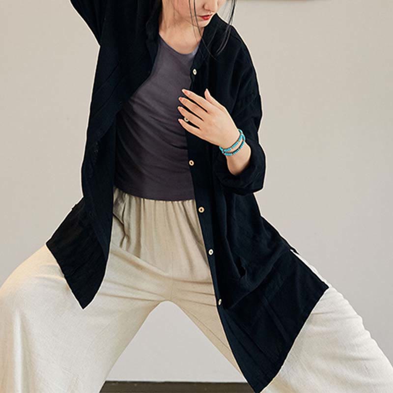 Buddha Stones Plain Long Sleeve Coat Jacket Top Wide Leg Pants Zen Tai Chi Yoga Meditation Clothing - Black - Coat Only - US4-12,UK/AU8-16,EU36-44 (F) - image 9