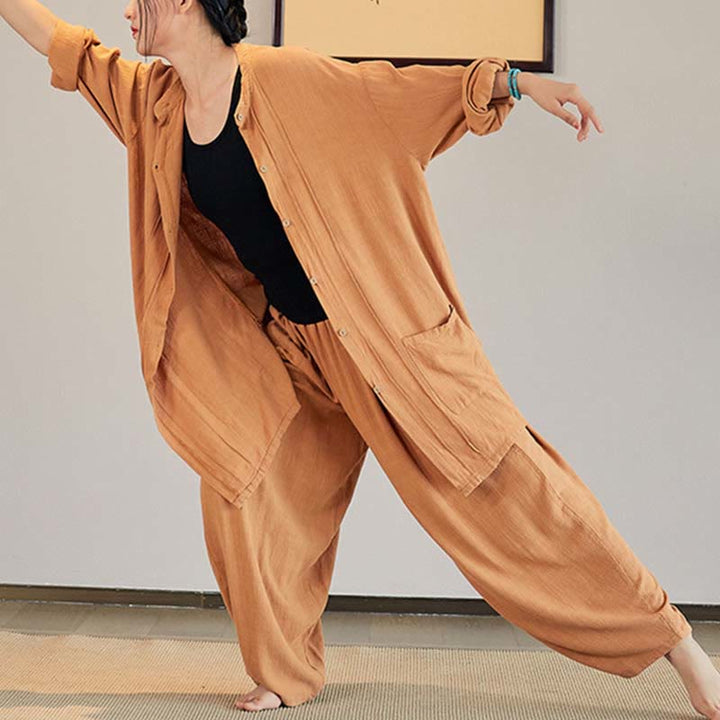 Buddha Stones Plain Long Sleeve Coat Jacket Top Wide Leg Pants Zen Tai Chi Yoga Meditation Clothing - image 26