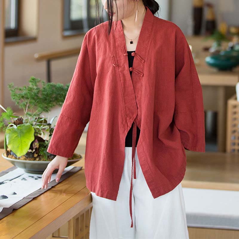 Buddha Stones Frog-Button Hanfu Design Long Sleeve Coat Zen Meditation Open Front Top Jacket - Red,US0-8/10,UK/AU4-12/14,EU32-40/42 (F) - image 0