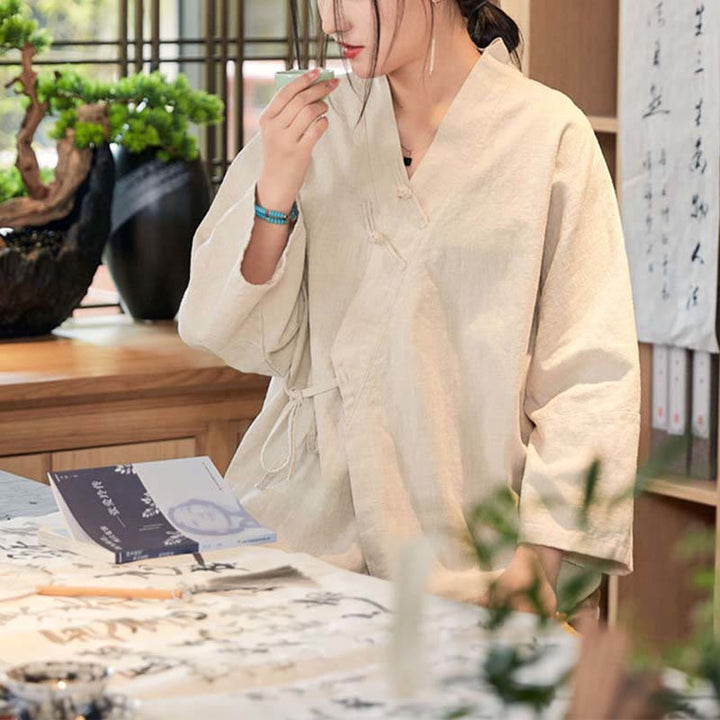 Buddha Stones Frog-Button Hanfu Design Long Sleeve Coat Zen Meditation Open Front Top Jacket - Beige,US0-8/10,UK/AU4-12/14,EU32-40/42 (F) - image 16