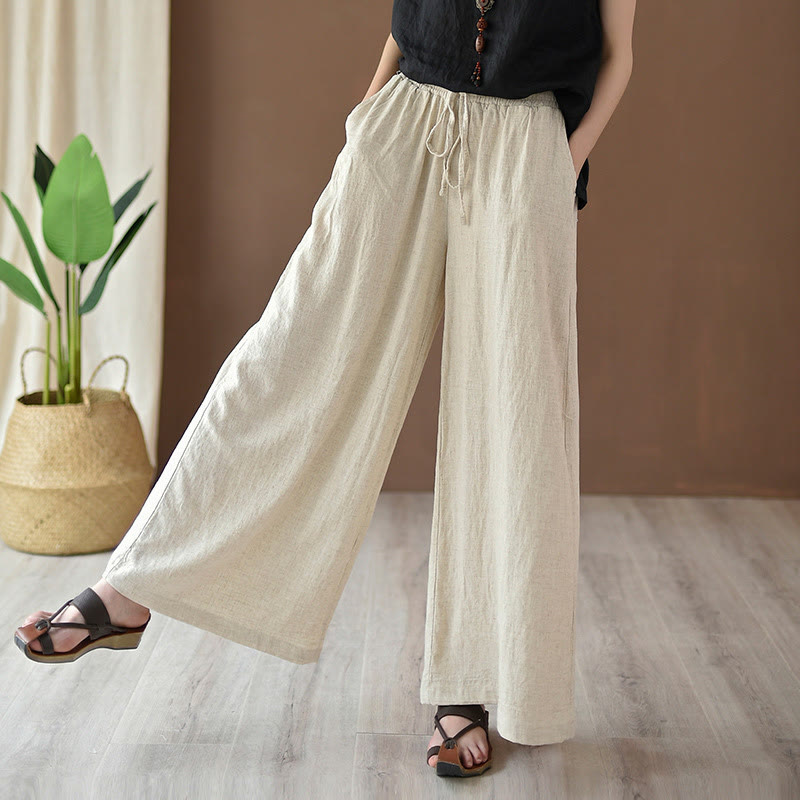 Buddha Stones Loose Cotton Linen Drawstring Wide Leg Pants With Pockets - Beige - US4,UK/AU8,EU36 (L) - image 0