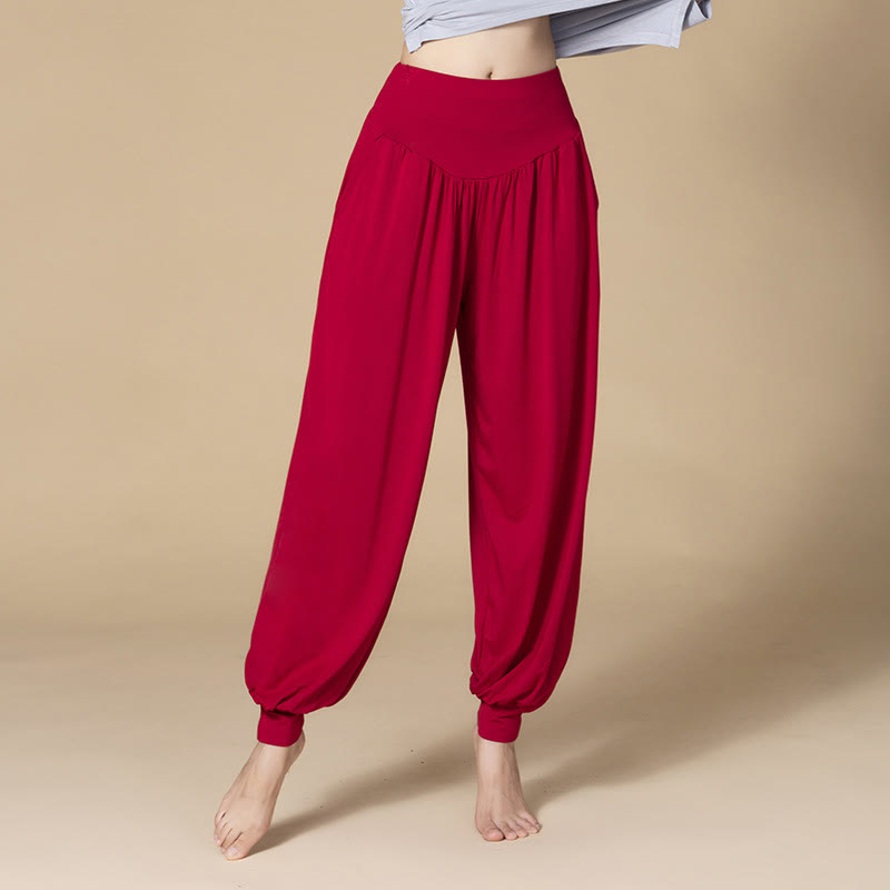 Buddha Stones Solid Color Modal Yoga Dance High Waist Harem Pants With Pockets - Wine Red - US14,UK/AU18,EU46 (3XL) - image 18