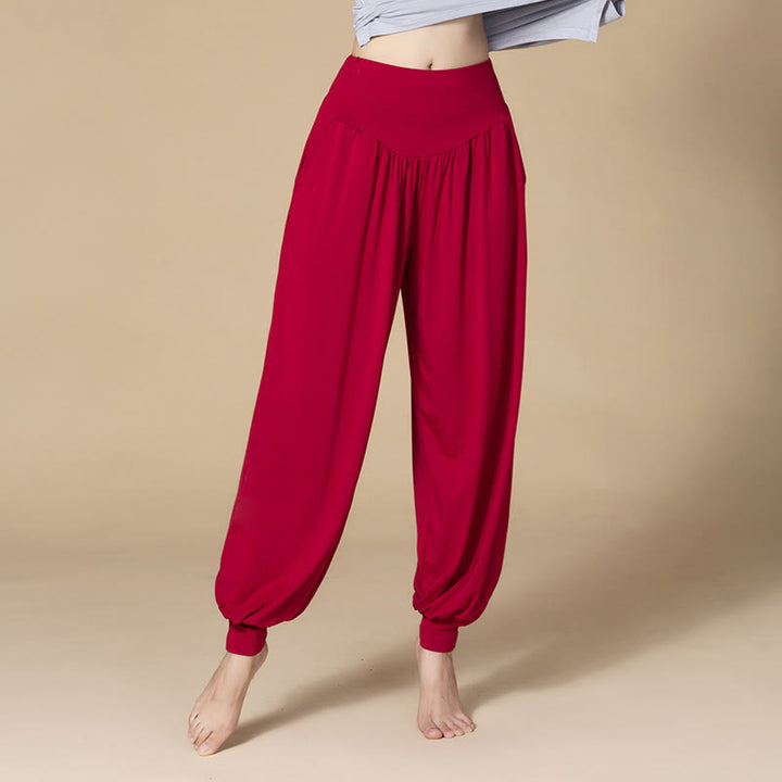 Buddha Stones Solid Color Modal Yoga Dance High Waist Harem Pants With Pockets - Wine Red - US14,UK/AU18,EU46 (3XL) - image 18