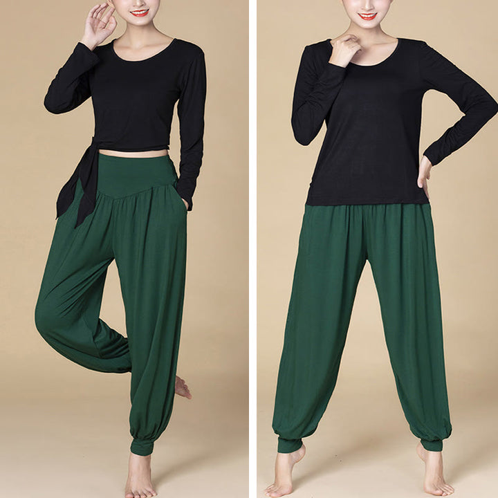 Buddha Stones Solid Color Modal Yoga Dance High Waist Harem Pants With Pockets - image 13