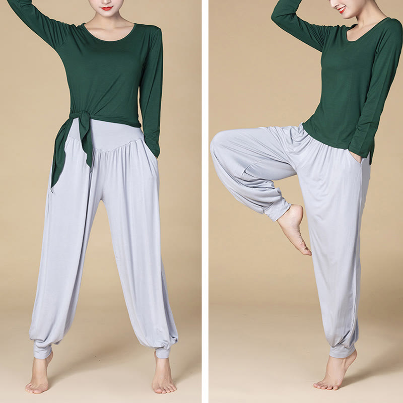Buddha Stones Solid Color Modal Yoga Dance High Waist Harem Pants With Pockets - image 1