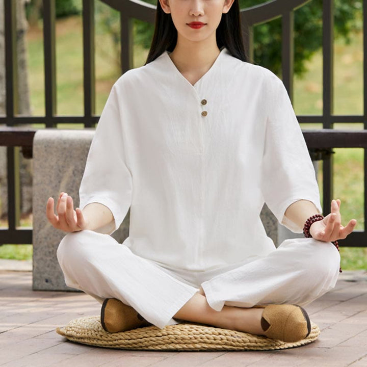 Buddha Stones 2Pcs Shirt Top Pants Meditation Zen Tai Chi Cotton Linen Clothing Women's Set - White(Top&Pants) - US8-10,UK/AU12-14,EU40-42 (2XL) - image 0