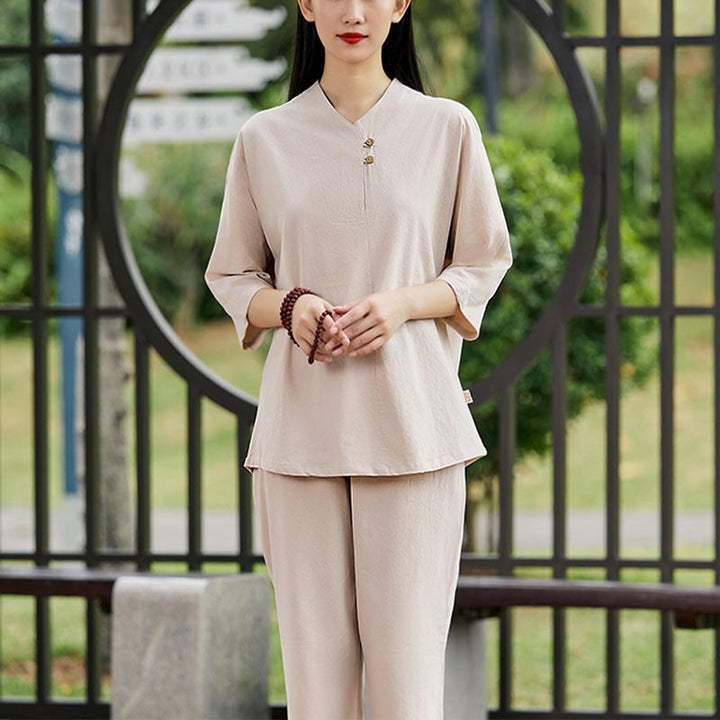 Buddha Stones 2Pcs Shirt Top Pants Meditation Zen Tai Chi Cotton Linen Clothing Women's Set - Khaki(Top&Pants) - US8-10,UK/AU12-14,EU40-42 (2XL) - image 6