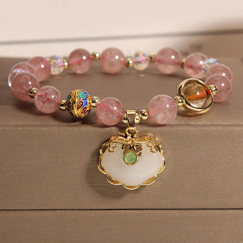 Buddha Stones Strawberry Quartz Green Crystal Amethyst Healing Chinese Lock Charm Bracelet - Strawberry Quartz(Wrist Circumference 14-16cm) - image 0
