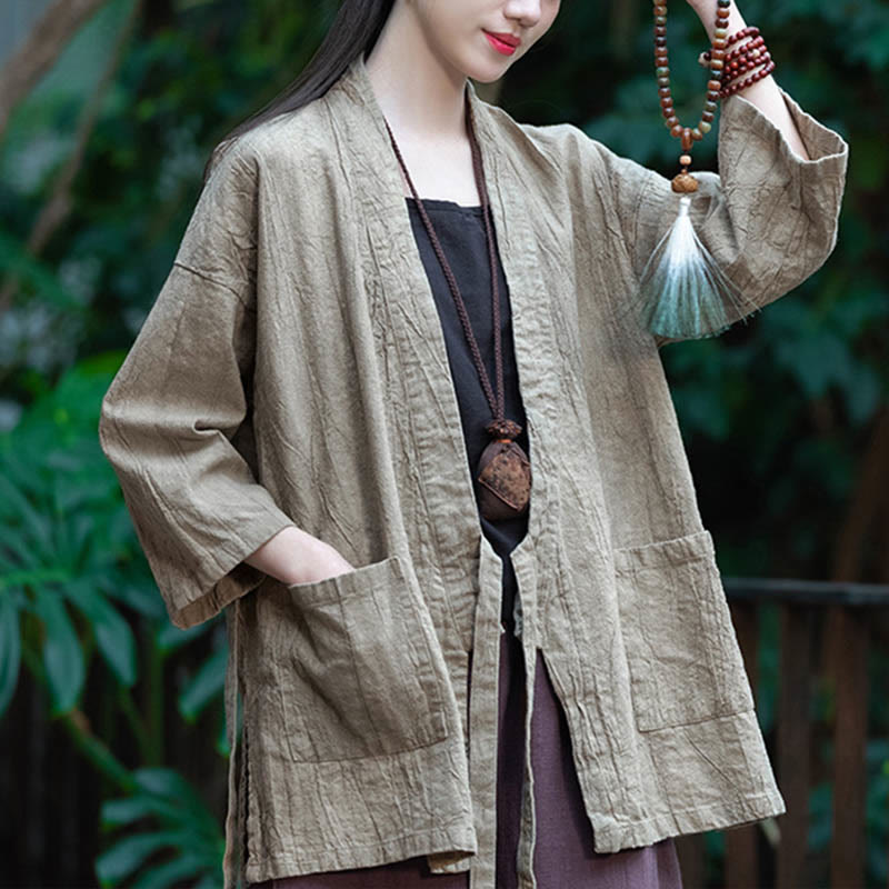 Buddha Stones Hanfu Design Three Quarter Sleeve Ramie Linen Coat Open Front Top Jacket - image 7