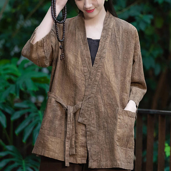 Buddha Stones Hanfu Design Three Quarter Sleeve Ramie Linen Coat Open Front Top Jacket - Brown-US4-8/10,UK/AU8-12/14,EU36-40/42 (F)(Coat Only) - image 13