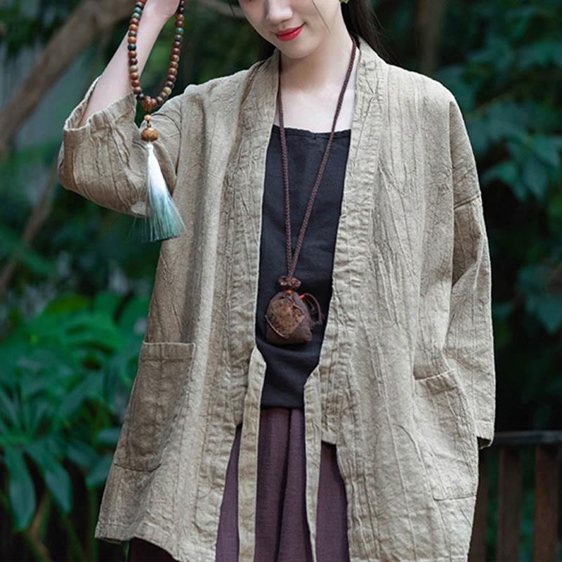 Buddha Stones Hanfu Design Three Quarter Sleeve Ramie Linen Coat Open Front Top Jacket - Beige-US4-8/10,UK/AU8-12/14,EU36-40/42 (F)-(Coat Only) - image 0