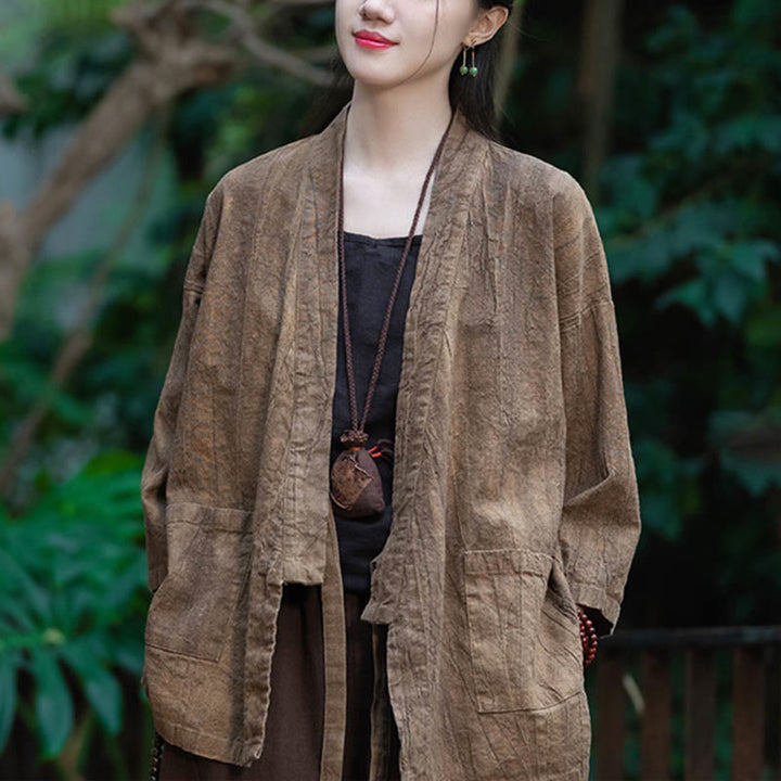 Buddha Stones Hanfu Design Three Quarter Sleeve Ramie Linen Coat Open Front Top Jacket - image 17