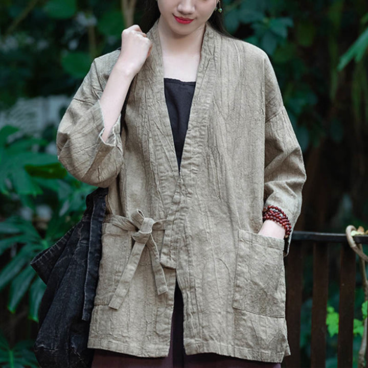 Buddha Stones Hanfu Design Three Quarter Sleeve Ramie Linen Coat Open Front Top Jacket - image 8