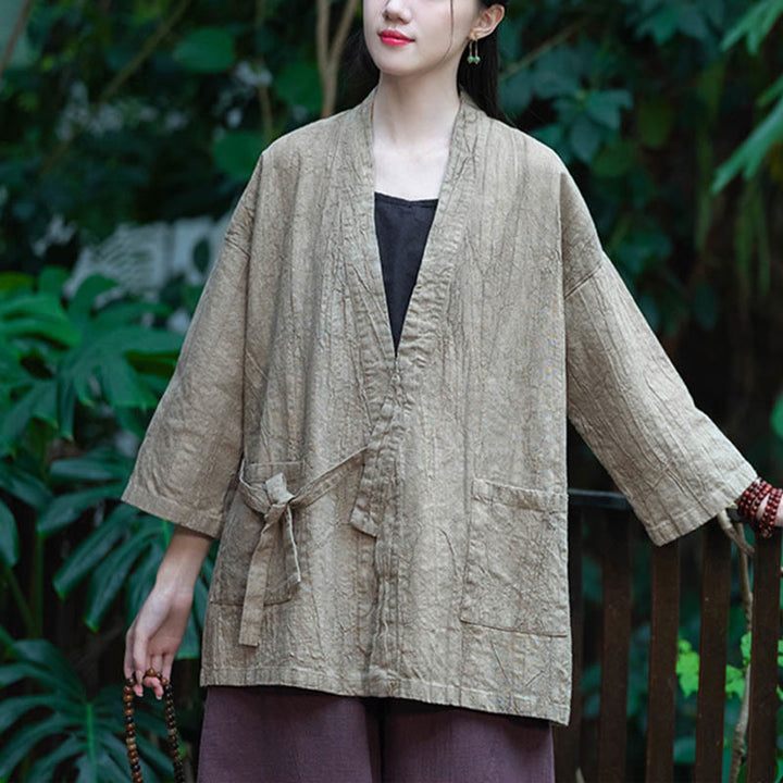 Buddha Stones Hanfu Design Three Quarter Sleeve Ramie Linen Coat Open Front Top Jacket - image 4