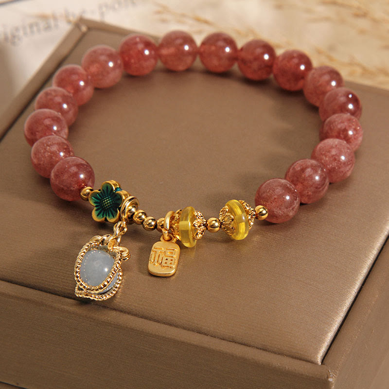 Buddha Stones Natural Strawberry Quartz Crystal Aquamarine Fortune Brand Love Bracelet - image 1