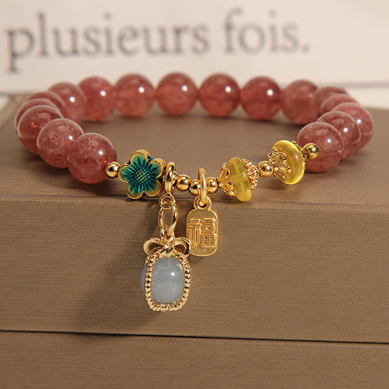 Buddha Stones Natural Strawberry Quartz Crystal Aquamarine Fortune Brand Love Bracelet - Strawberry Crystal  Aquamarine Fortune brand(Wrist Circumference: 14-16cm) - image 0