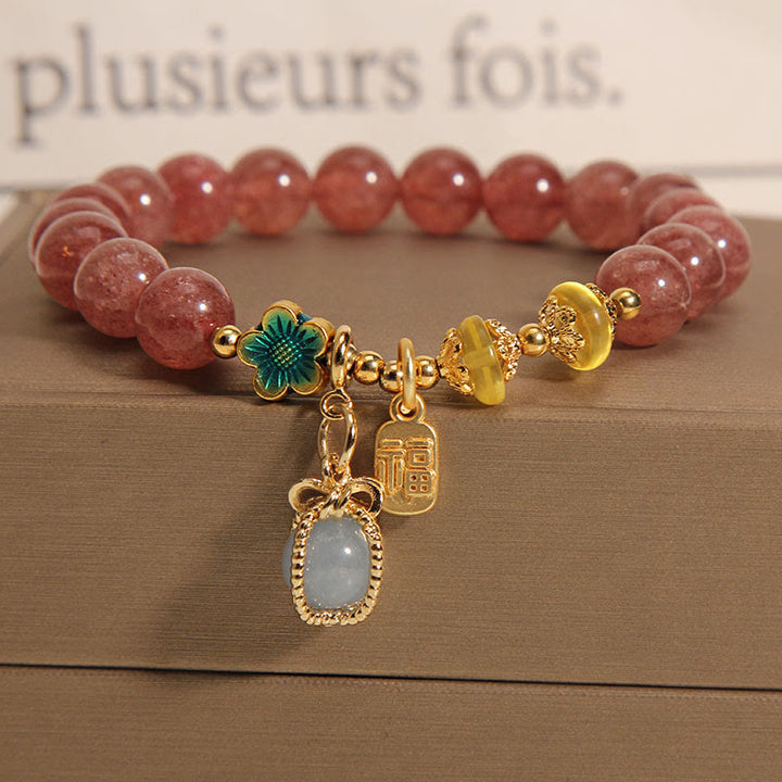 Buddha Stones Natural Strawberry Quartz Crystal Aquamarine Fortune Brand Love Bracelet - image 3