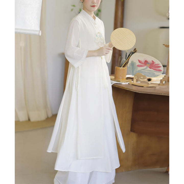 Buddha Stones Embroidery Chiffon Cheongsam Midi Dress Wide Leg Pants Meditation Zen Practice Clothing - Dress Only - US8-10,UK/AU12-14,EU40-42 (2XL) - image 0