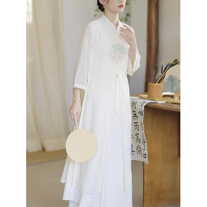 Buddha Stones Embroidery Chiffon Cheongsam Midi Dress Wide Leg Pants Meditation Zen Practice Clothing - image 7
