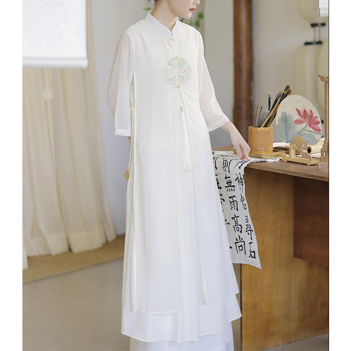 Buddha Stones Embroidery Chiffon Cheongsam Midi Dress Wide Leg Pants Meditation Zen Practice Clothing - image 8