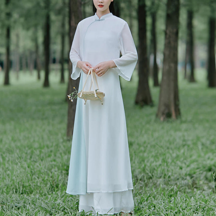 Buddha Stones Three Quarter Sleeve Chiffon Cheongsam Midi Dress Wide Leg Pants Meditation Zen Practice Clothing - image 2