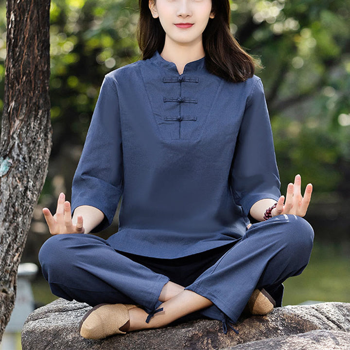 Buddha Stones 2Pcs Half Sleeve Shirt Top Pants Meditation Zen Tai Chi Cotton Linen Clothing Women's Set - Blue(Top&Pants) - US8-10,UK/AU12-14,EU40-42 (2XL) - image 0