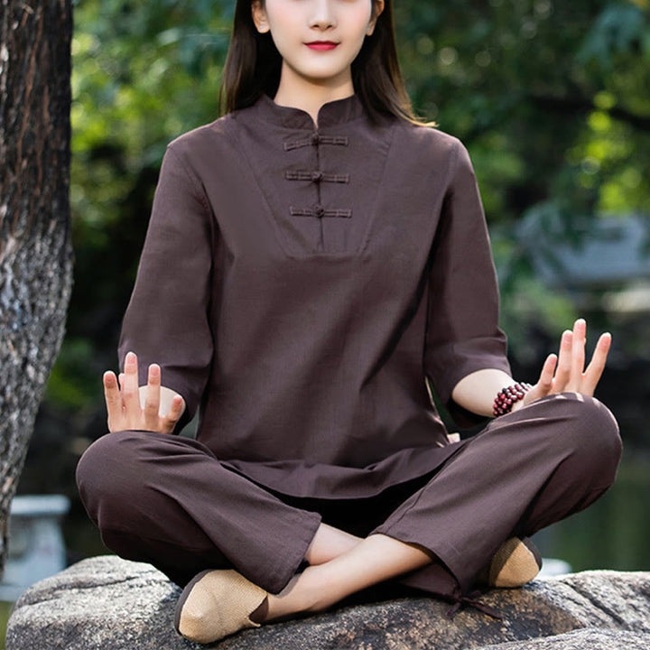 Buddha Stones 2Pcs Half Sleeve Shirt Top Pants Meditation Zen Tai Chi Cotton Linen Clothing Women's Set - Brown(Top&Pants) - US8-10,UK/AU12-14,EU40-42 (2XL) - image 22