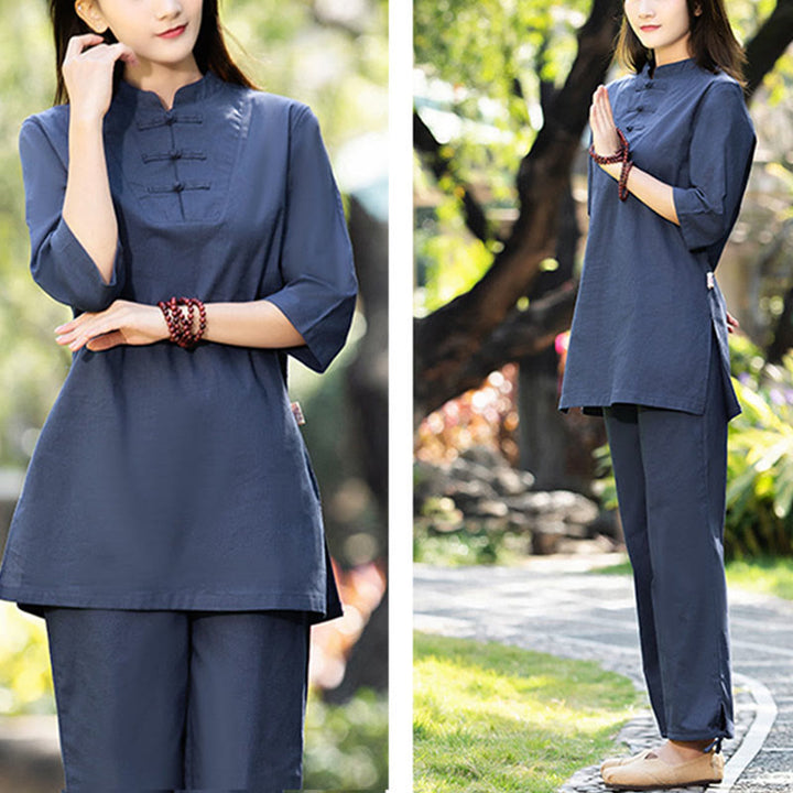 Buddha Stones 2Pcs Half Sleeve Shirt Top Pants Meditation Zen Tai Chi Cotton Linen Clothing Women's Set - image 1